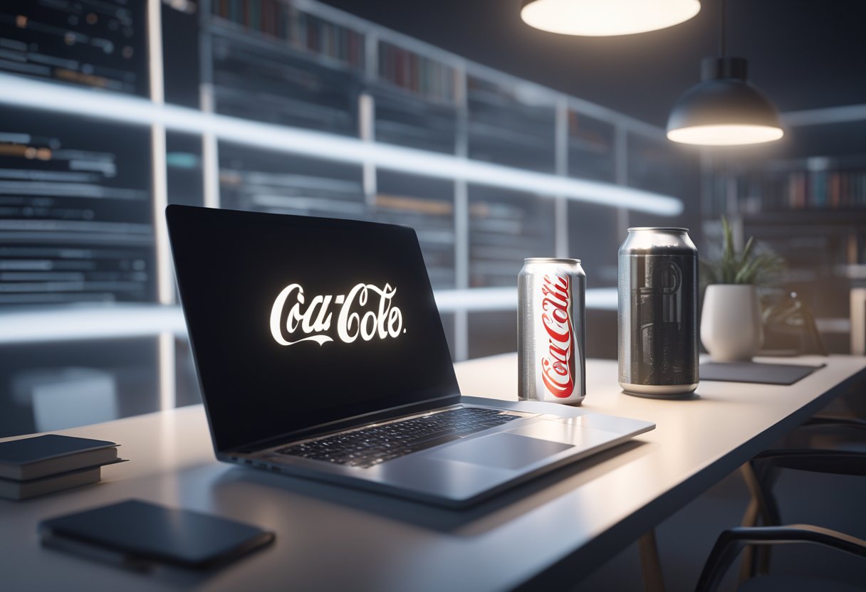 A can of Diet Coke sits on a sleek desk, surrounded by a clutter of coding books and a laptop glowing with lines of web development code