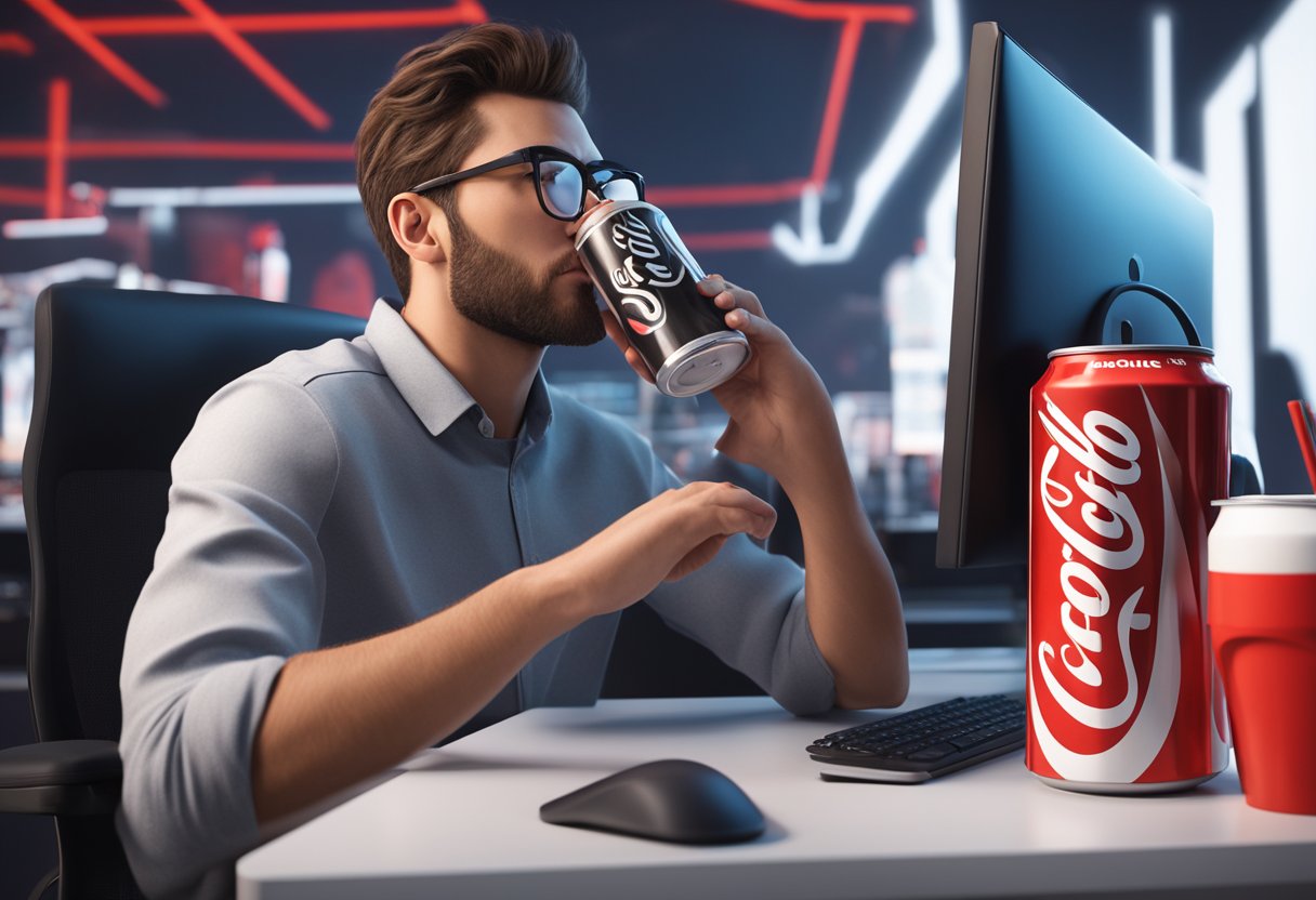 A web developer sips Diet Coke, surrounded by code and computer screens, with a satisfied expression. The iconic red can stands out against the tech-filled backdrop