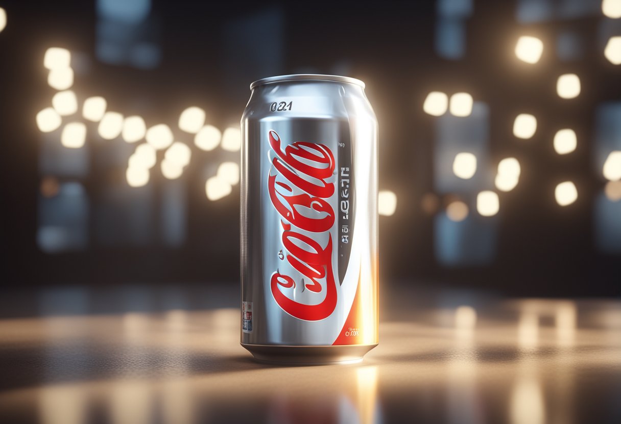 A can of diet coke surrounded by glowing light, with a refreshing and clean aesthetic