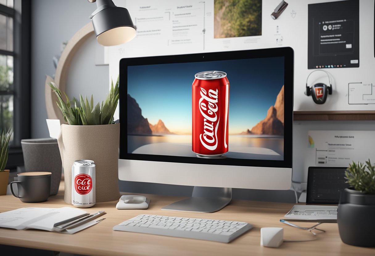 A can of Diet Coke sits on a desk surrounded by web development tools. The screen displays "10 reasons web developers love Diet Coke."