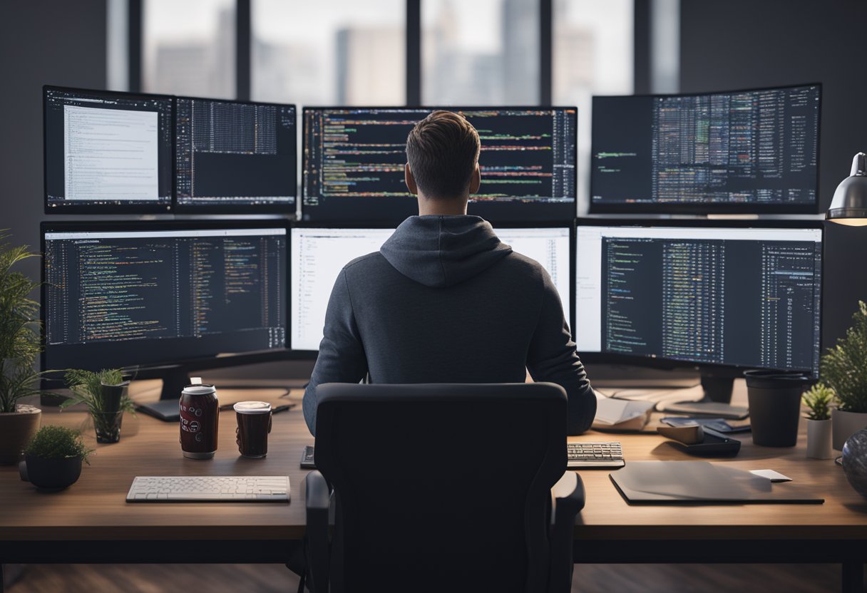 A web developer sits at a desk surrounded by computer screens, typing code. A can of Diet Coke sits nearby, with a list of 10 health benefits and concerns floating around it