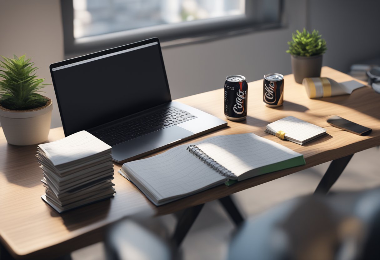 A web developer's desk with a can of Diet Coke, a laptop, coding books, and a notepad with scribbled ideas. A stack of empty cans in the corner