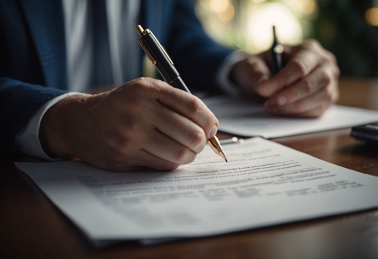 A hand holding a pen signs a loan agreement. A stack of papers sits on a desk with a contract and loan drawdown form