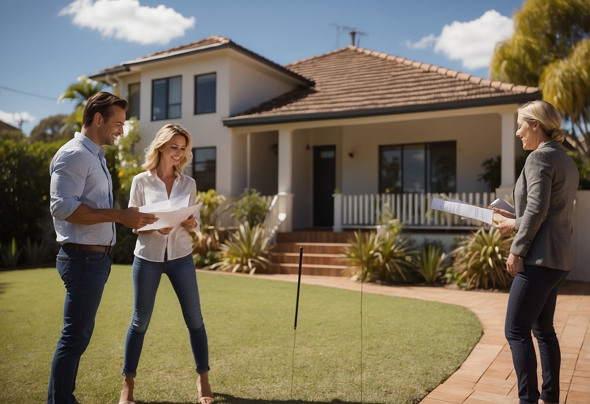 A couple signs documents with a real estate agent in front of a "For Sale" sign and a house in Australia