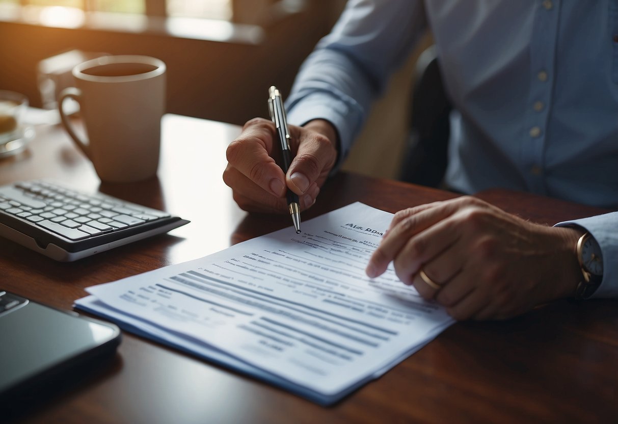 A person signing paperwork for a house deposit loan with a financial advisor discussing insurance options