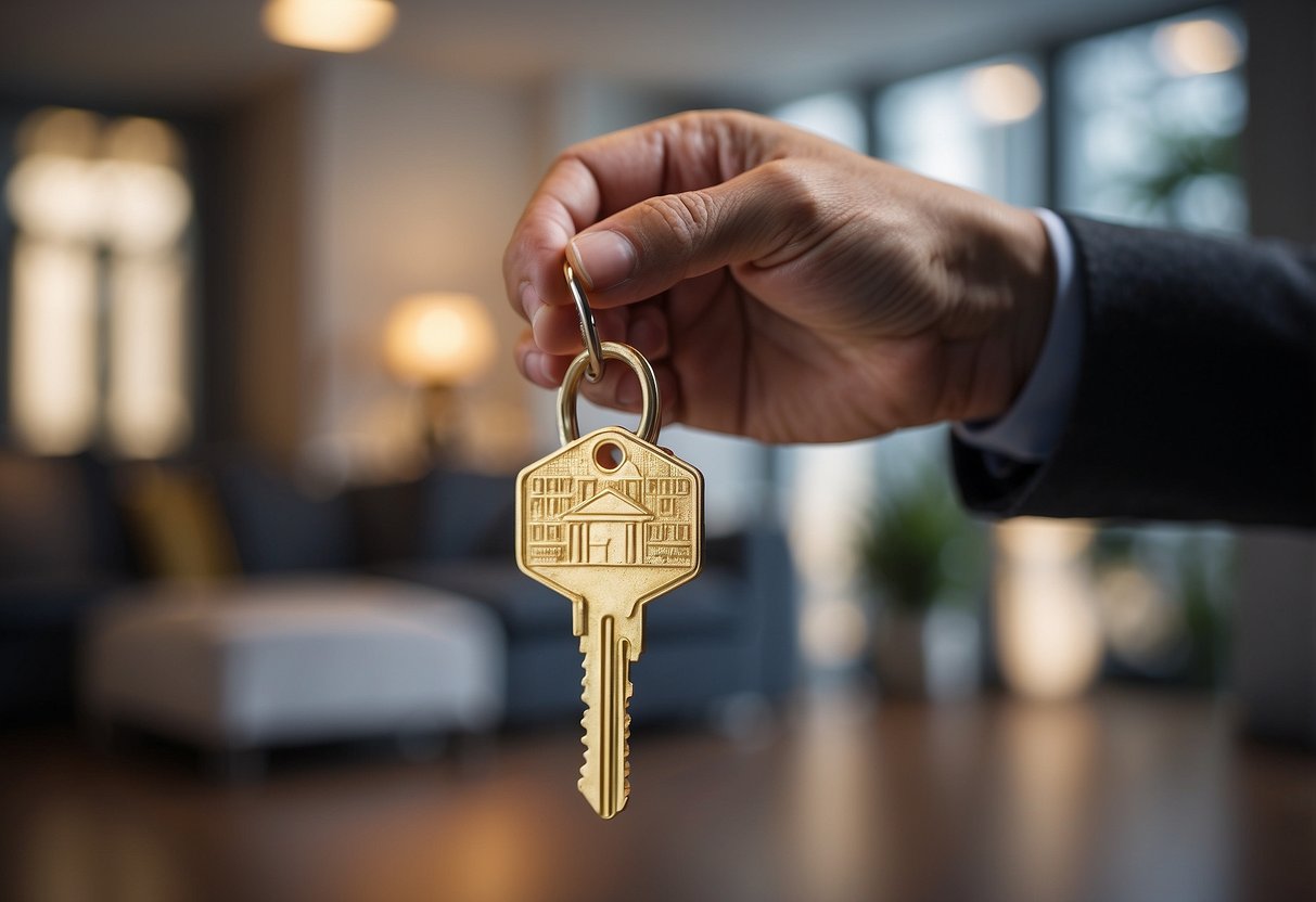 A house key is being handed over to a real estate agent, symbolizing property value and investment considerations for a house deposit loan