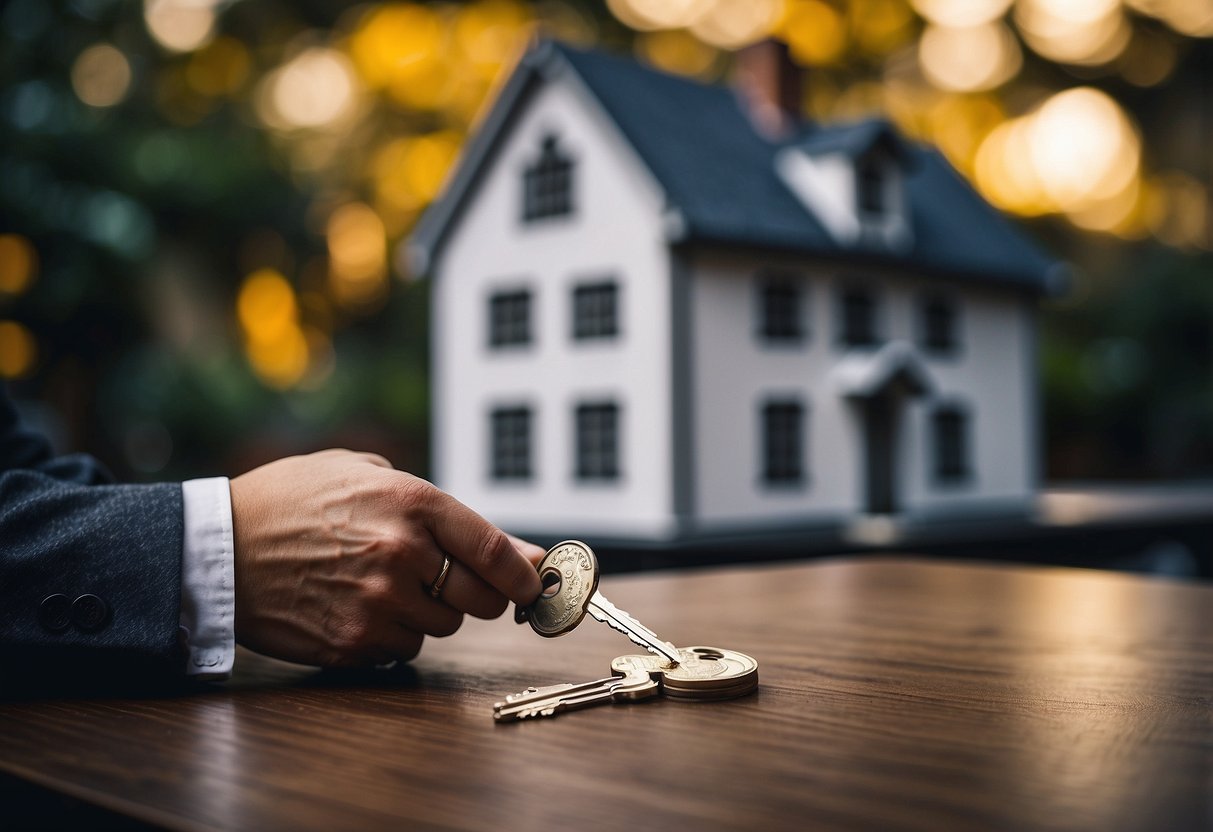 A hand holding a house key while exchanging money for a deposit and signing a loan agreement