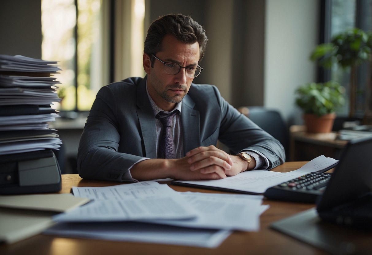 A person sits at a desk, surrounded by paperwork and a calculator. They are deep in thought, with a determined expression as they plan for an unexpected house deposit loan