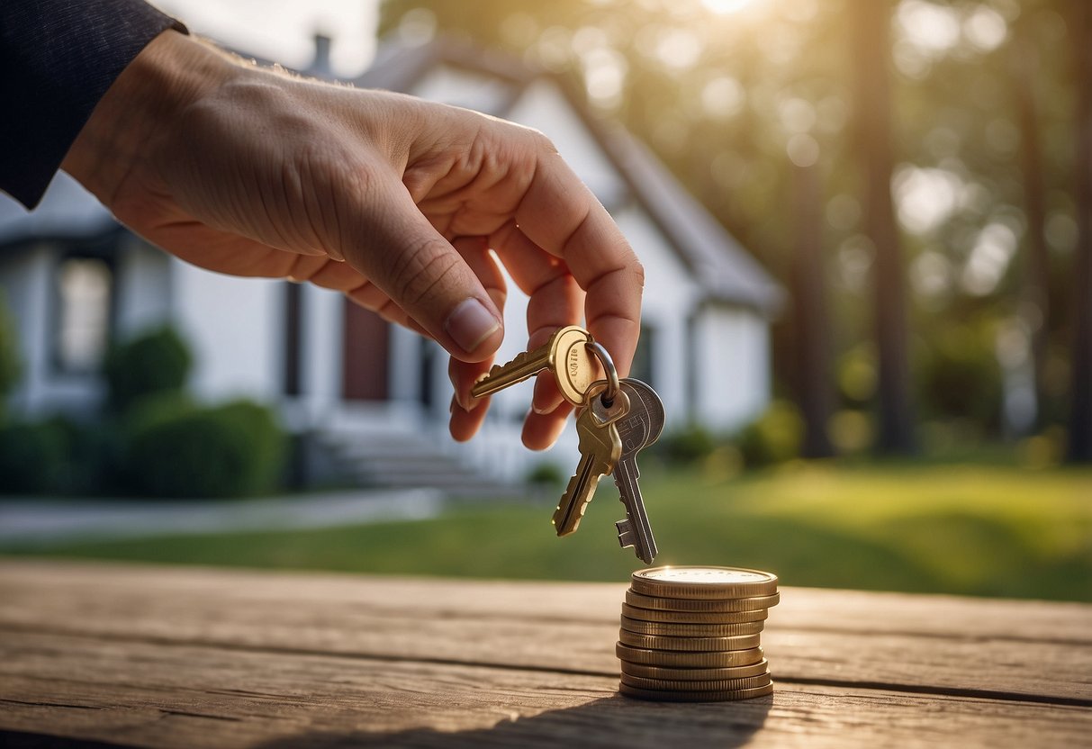 A hand reaches for a key while a house and a stack of money are in the background, representing the concept of a house deposit loan