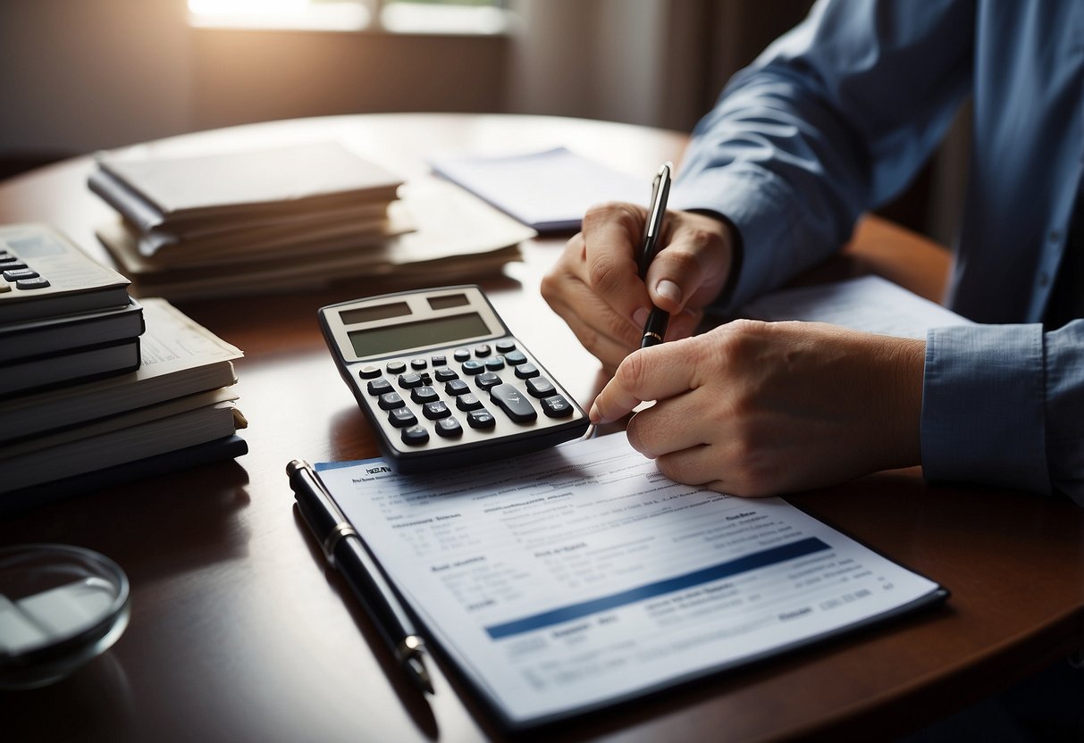 A person using a calculator to determine loan interest, with a pen and paper for notes, surrounded by financial documents