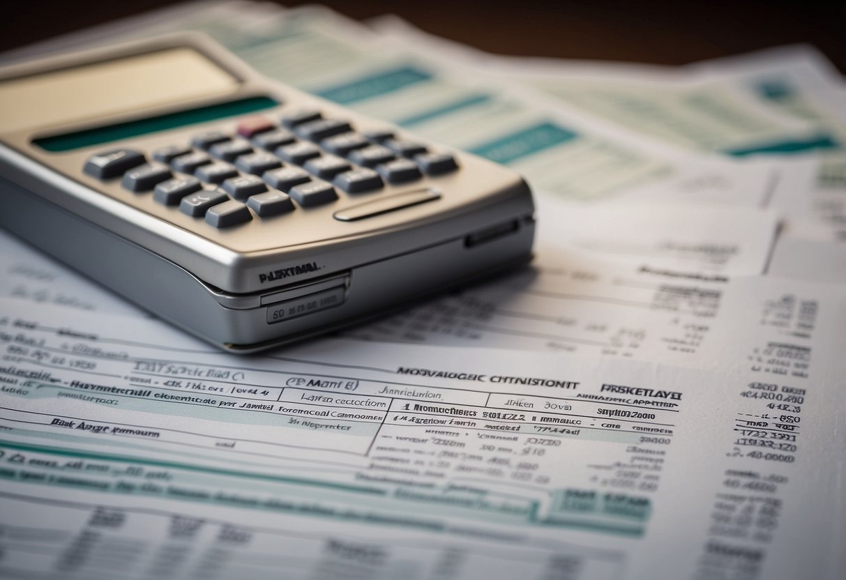 A stack of bank statements lies on a desk, alongside a mortgage loan application. The statements are neatly organized and show a history of financial transactions