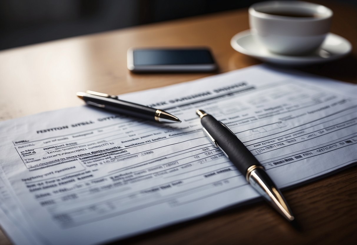 A stack of bank statements arranged on a desk, with a pen and application form nearby