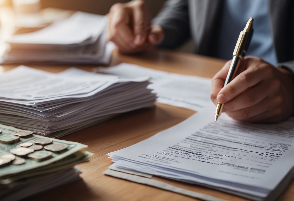 A worried person staring at a crumpled mortgage application next to a stack of cash and a rental agreement