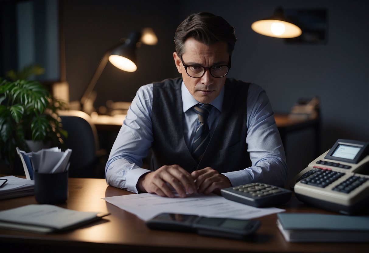 A person sits at a desk with paperwork and a concerned expression. A phone and calculator are nearby. The room is dimly lit, creating a sense of uncertainty