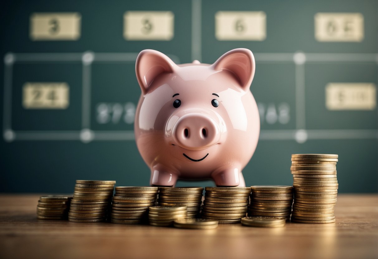 A piggy bank sits on a desk, with a stack of coins and dollar bills being deposited into it. A calendar on the wall shows monthly savings goals. A graph in the background illustrates wealth growth