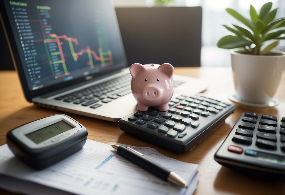 A desk with a laptop, calculator, and financial books. A piggy bank and a plant symbolize growth. A chart showing investment diversification