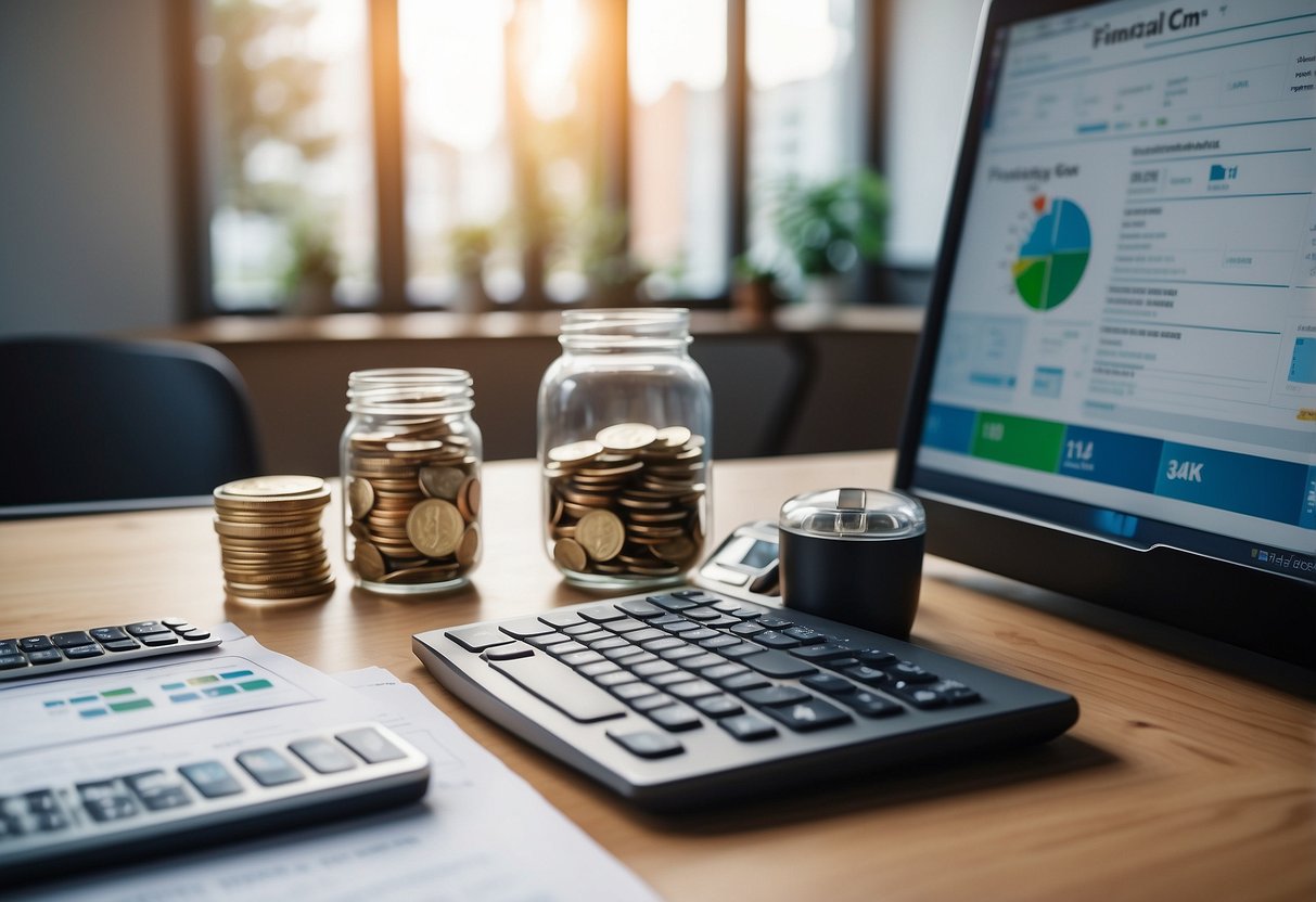 A desk with a laptop, calculator, and financial documents. A piggy bank and a jar of coins. A vision board with images of financial goals