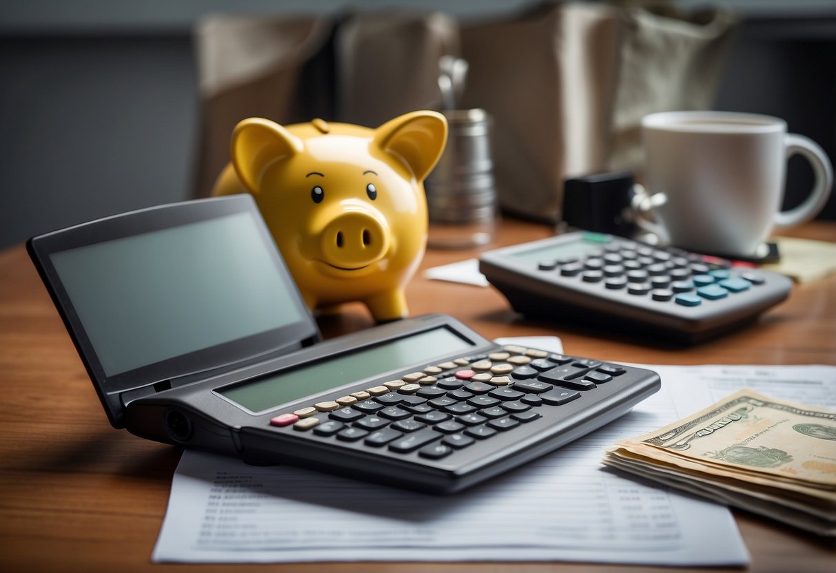 A desk with a laptop, calculator, and notepad. A stack of bills, credit cards, and receipts. A piggy bank and a jar for loose change. A chart showing income and expenses