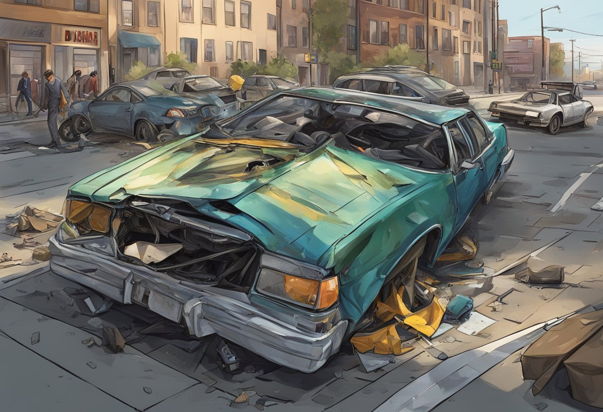 Karen's car crash on Shameless: twisted metal, shattered glass, and a dazed onlooker