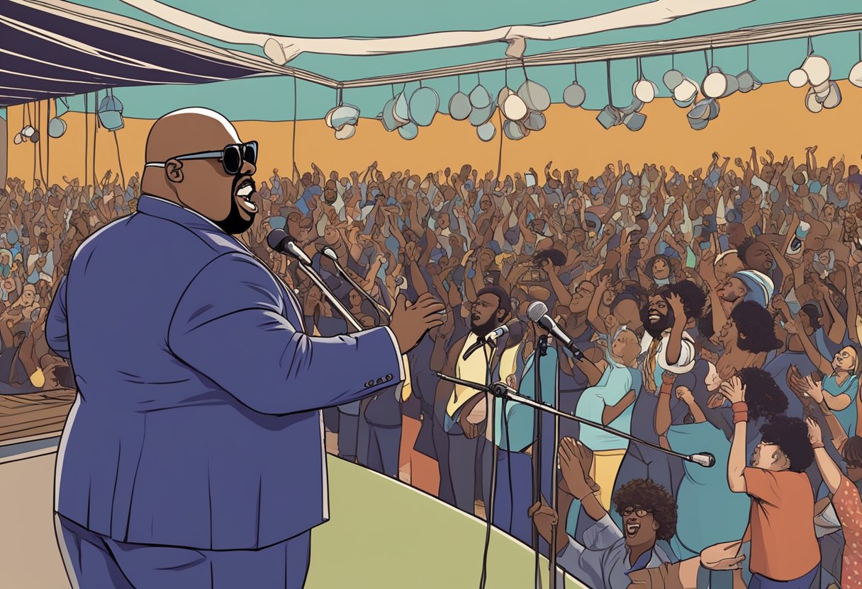 Gnarls Barkley performs on a stage with a crowd cheering. Ceelo Green is missing from the scene