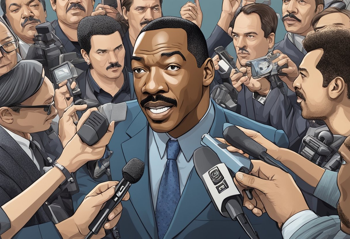 Eddie Murphy surrounded by media and critics, facing scrutiny and controversy