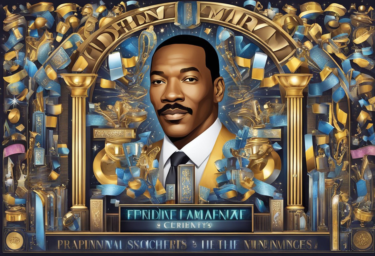 Eddie Murphy's name in lights, surrounded by awards and accolades