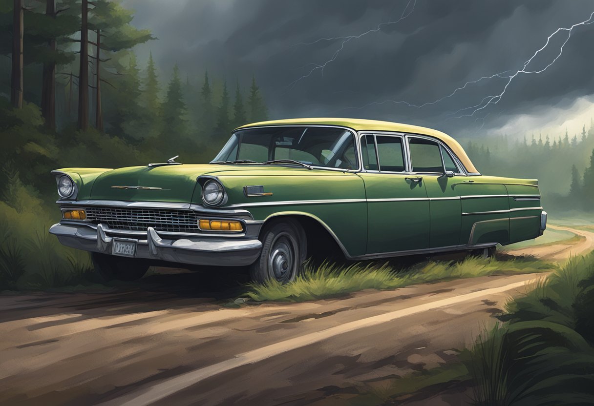 Macie Hill's abandoned car sits by a deserted road, with tire tracks leading into the dense forest. A storm brews overhead, casting an eerie shadow over the scene