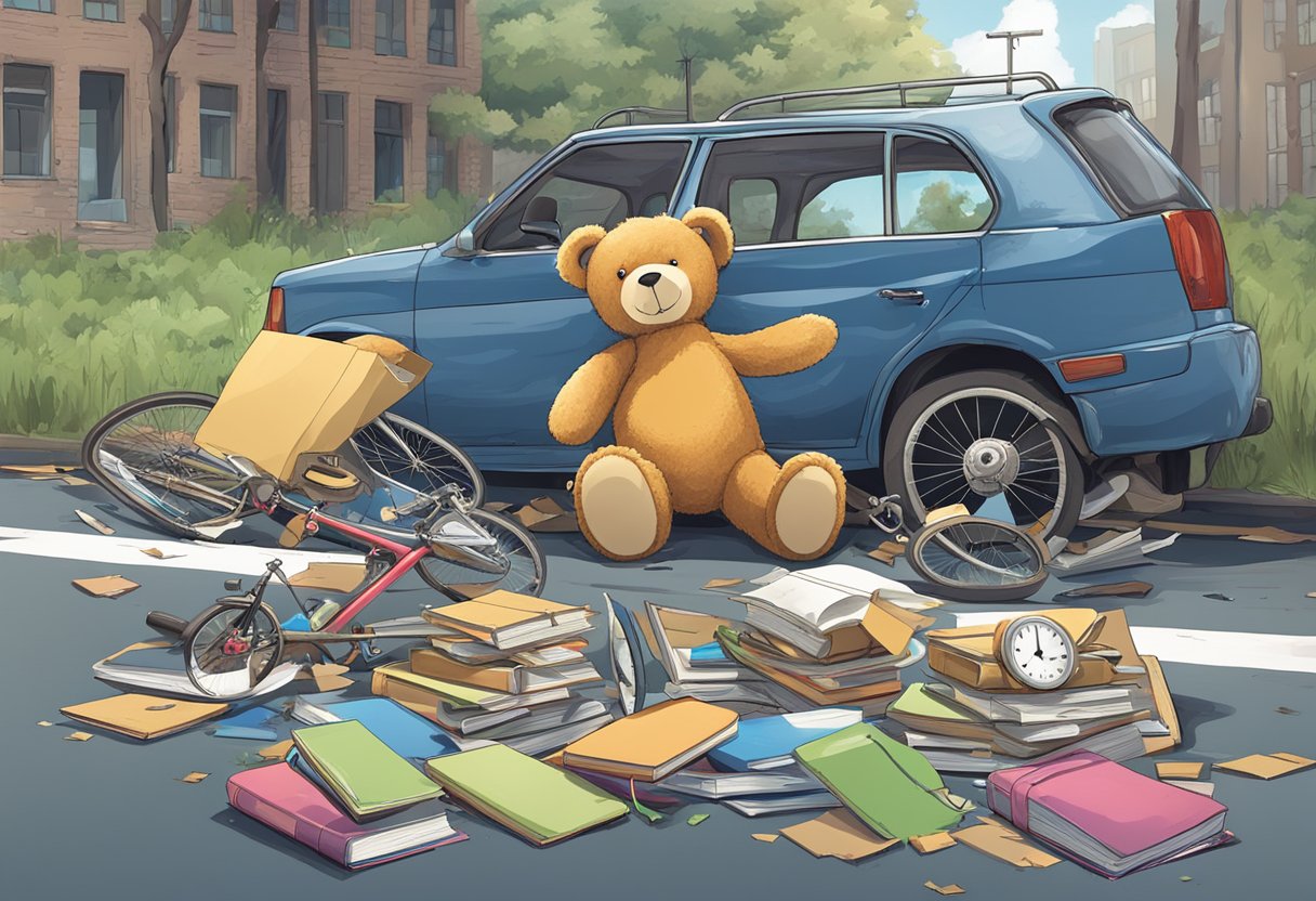 A broken bicycle lies abandoned on a deserted road, surrounded by scattered school books and a single tear-stained teddy bear