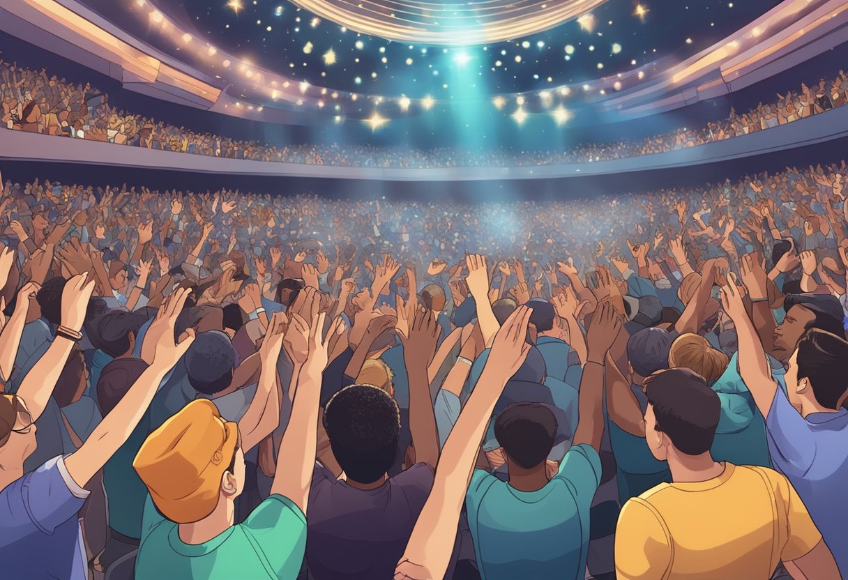 A crowded auditorium erupts in cheers as a young star takes the stage, surrounded by flashing cameras and adoring fans