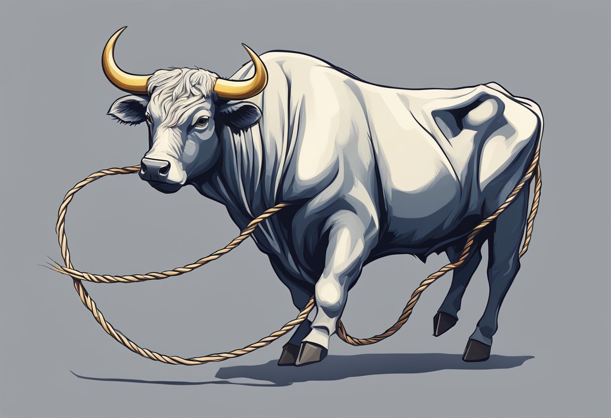 A bull tangled in a frayed cable, struggling to break free