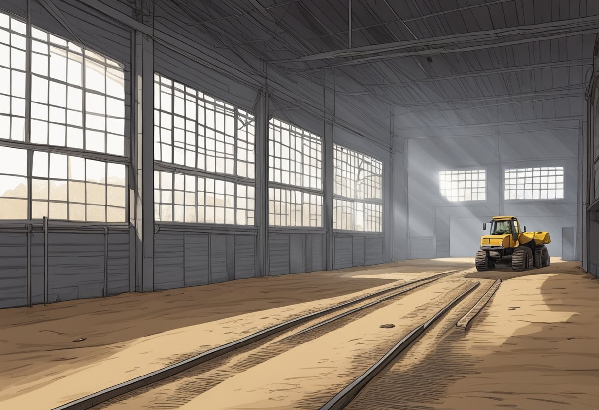 A deserted warehouse with an open door, tire tracks leading to a freshly dug hole in the ground