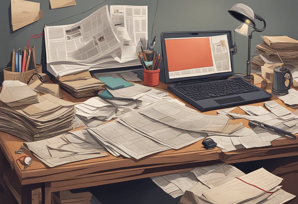 A cluttered detective's desk with scattered papers, old newspapers, and a corkboard filled with photos and red string connecting them