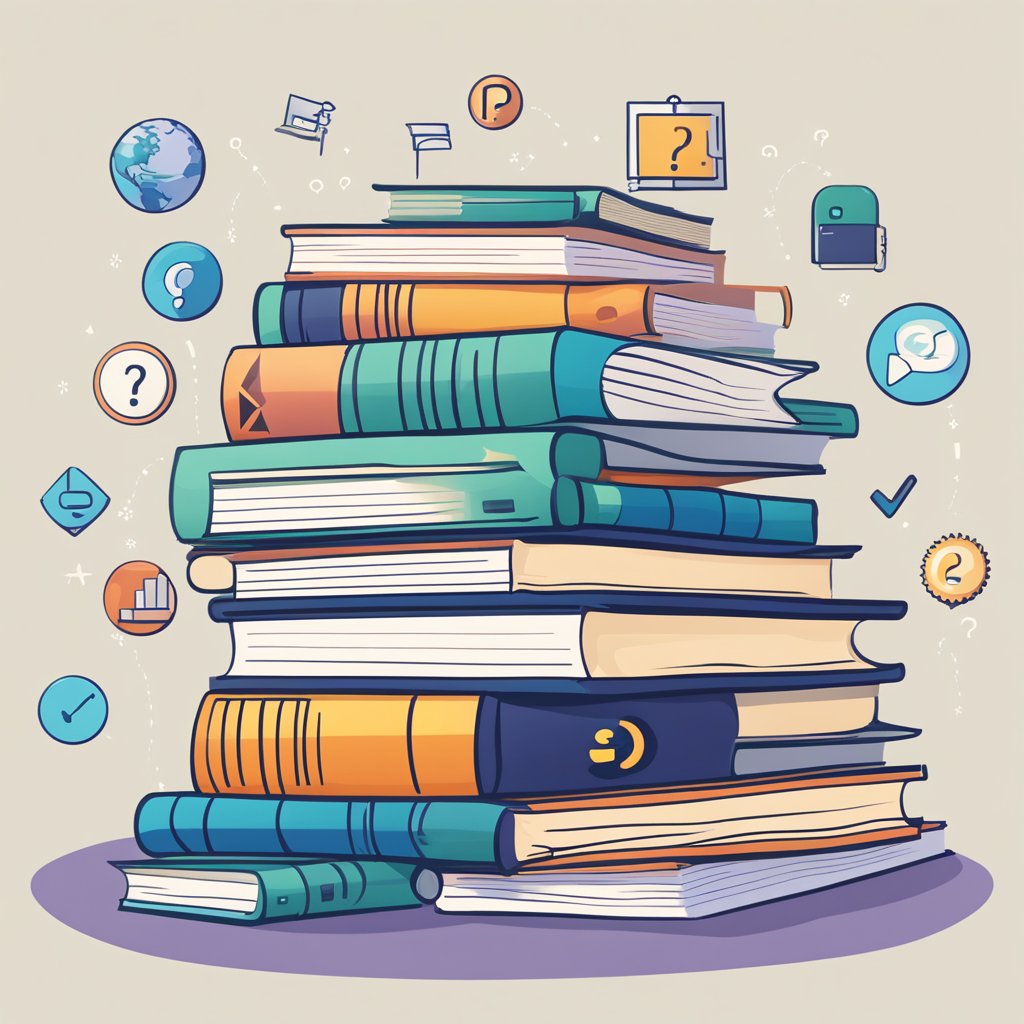 A stack of books with a question mark on top, surrounded by symbols of finance, technology, and communication