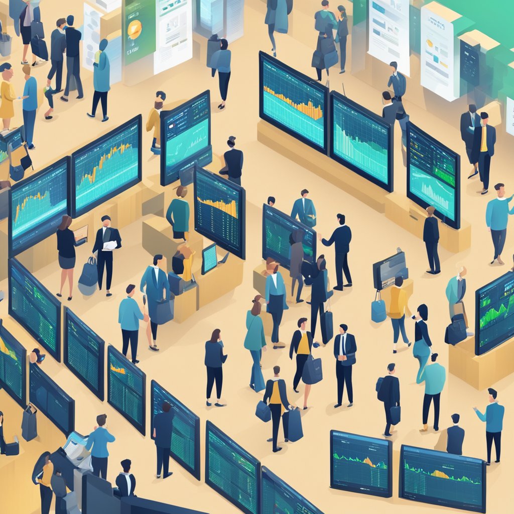 A group of people buying and selling stocks on a bustling stock exchange floor. Ticker screens display fluctuating prices as traders make transactions