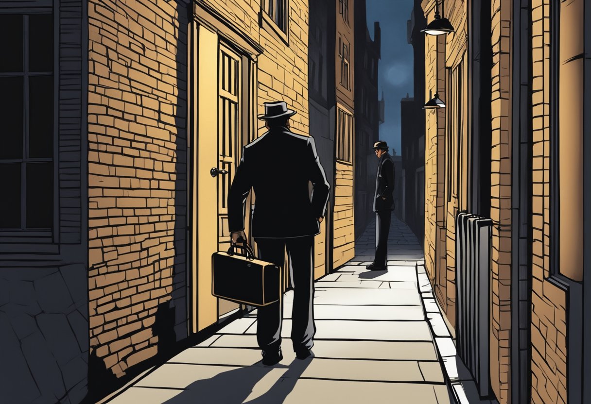 The scene depicts a dark alley with a shadowy figure handing over a briefcase to another figure, hinting at the origins of BMF and the mystery surrounding B Mickie