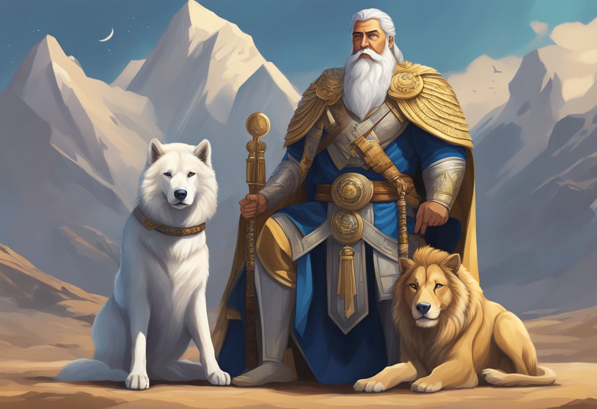 A powerful figure stands beside a loyal companion, surrounded by symbols of strength and unity