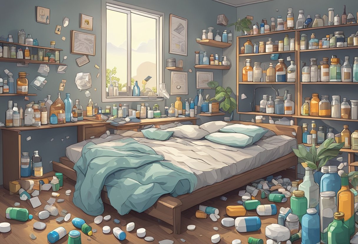 A cluttered room with scattered pills, empty bottles, and a disheveled bed. A sense of despair and confusion lingers in the air