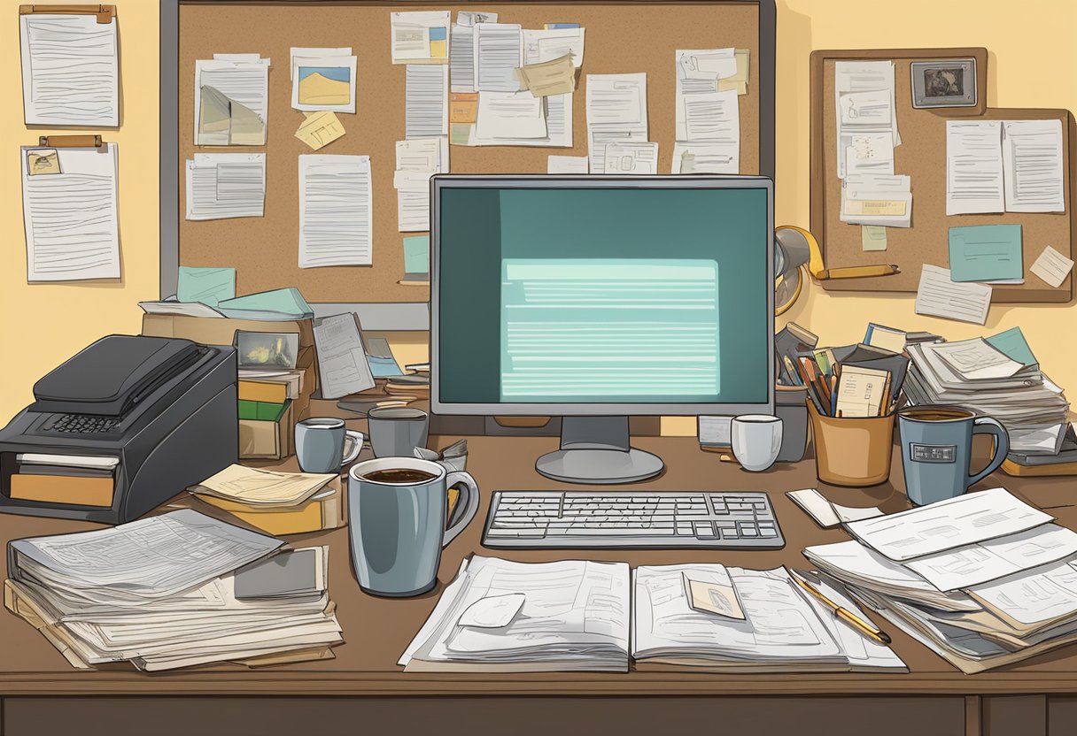 The bishop's desk is cluttered with case files and a half-empty coffee cup. A computer screen glows with open tabs, while a corkboard displays photos and notes