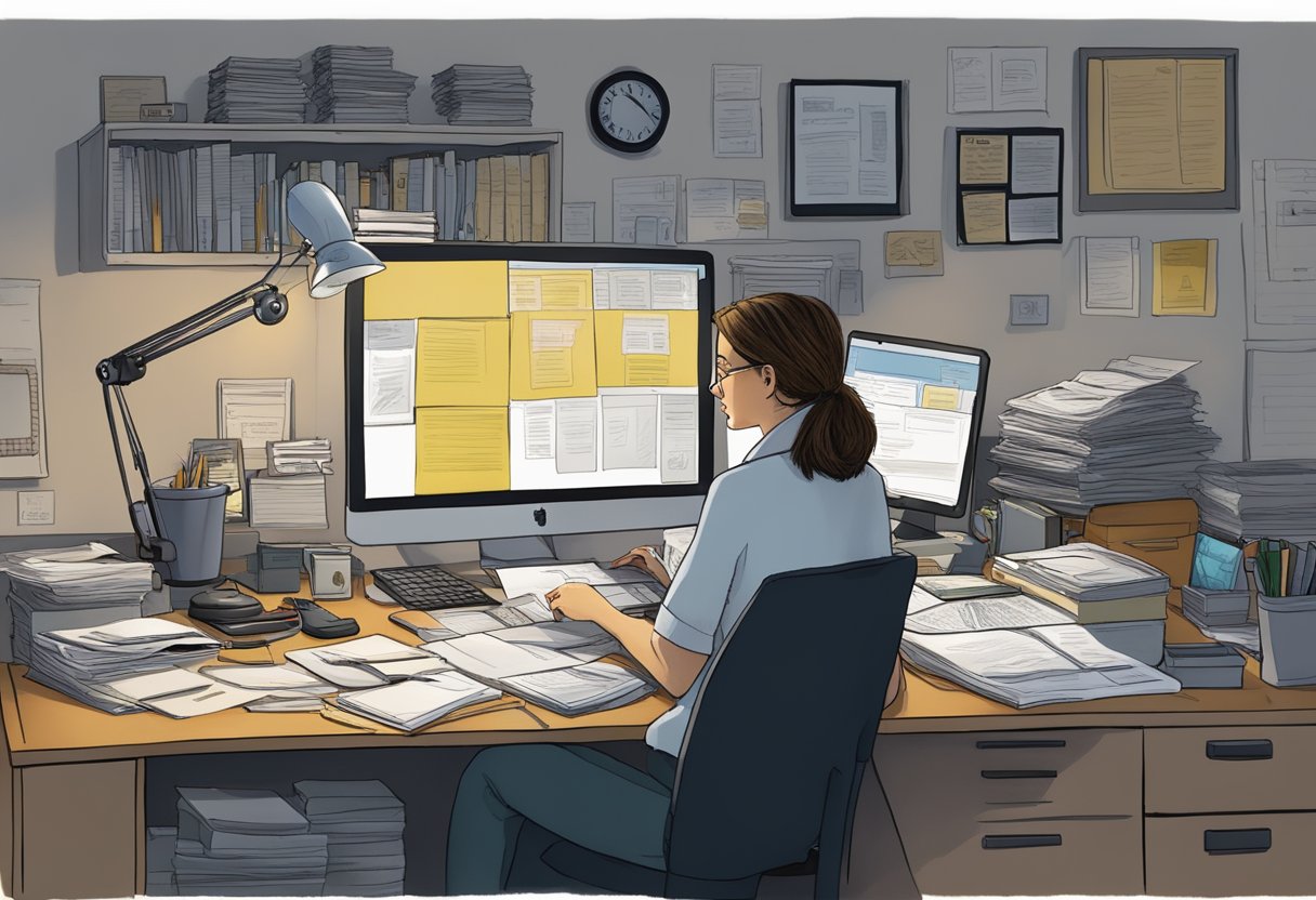 Eleanor Bishop's NCIS journey: a cluttered desk, computer screens, and evidence files. A determined expression as she works late into the night