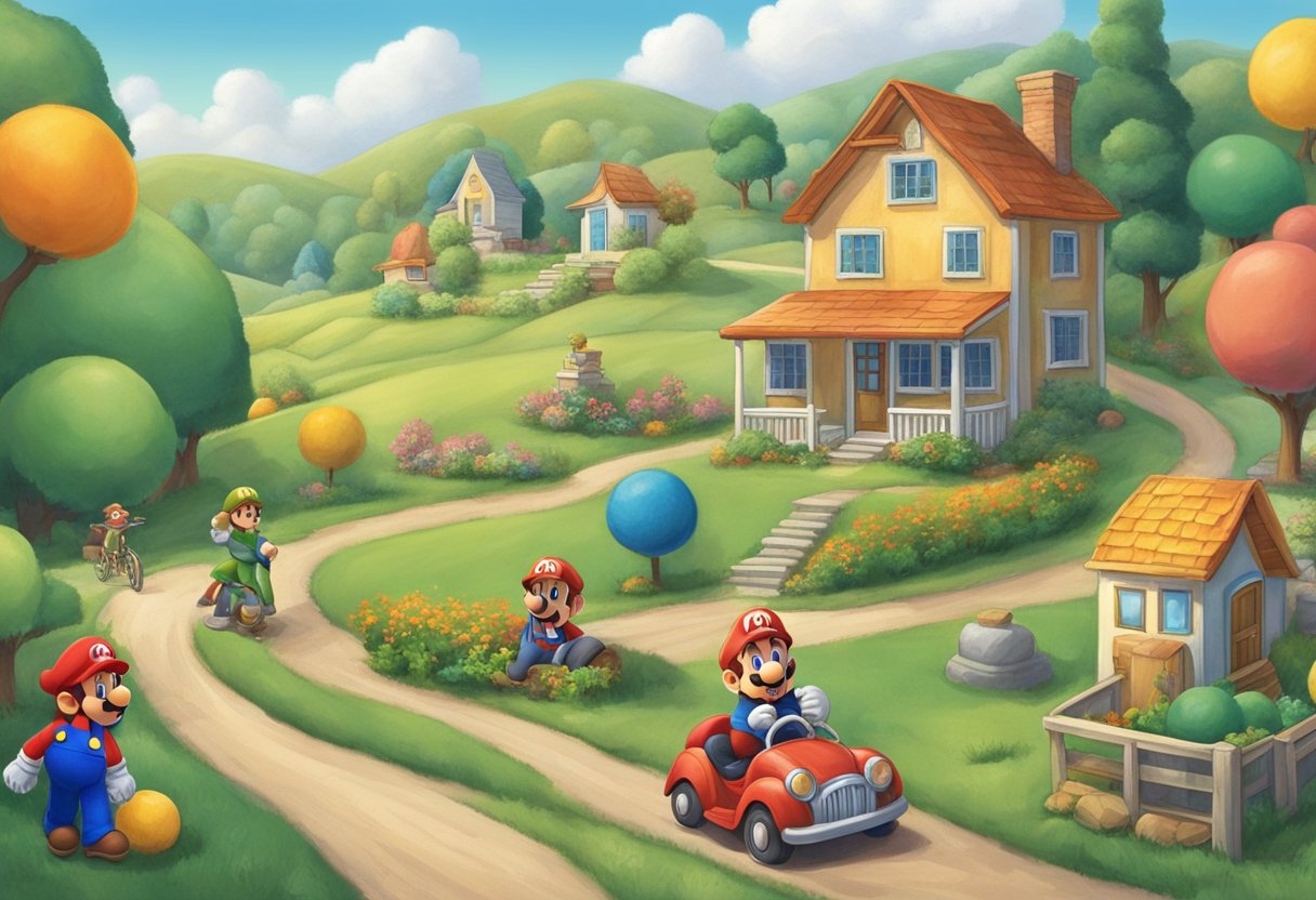 Mario Judah's early life: a small town with rolling hills, a cozy house, and a young Mario playing outside with his friends