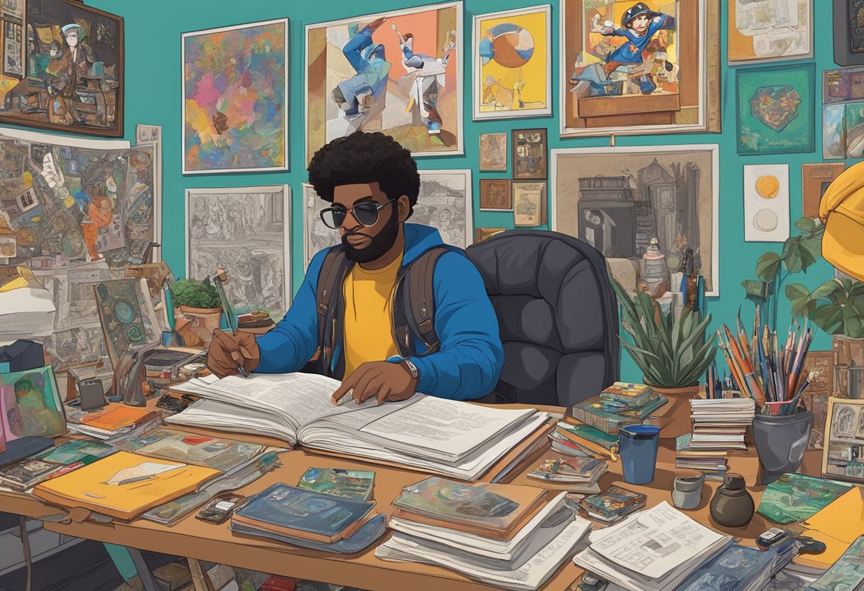 Mario Judah's influences surround him, inspiring his creative process. A cluttered desk displays music, art, and literature, while posters of his idols adorn the walls