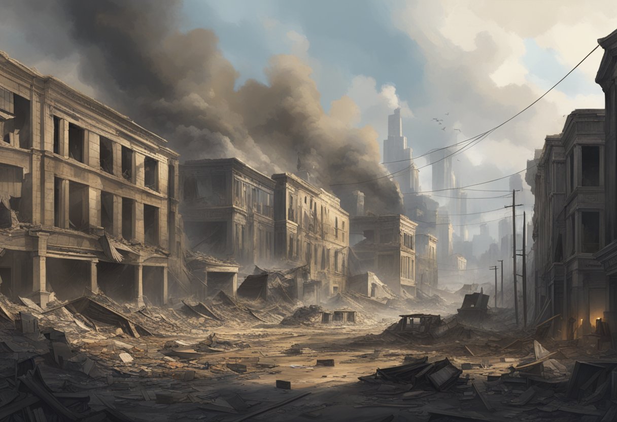 District 13 lay in ruins, with buildings collapsed and smoke rising. Debris littered the streets, and the once bustling area was now desolate