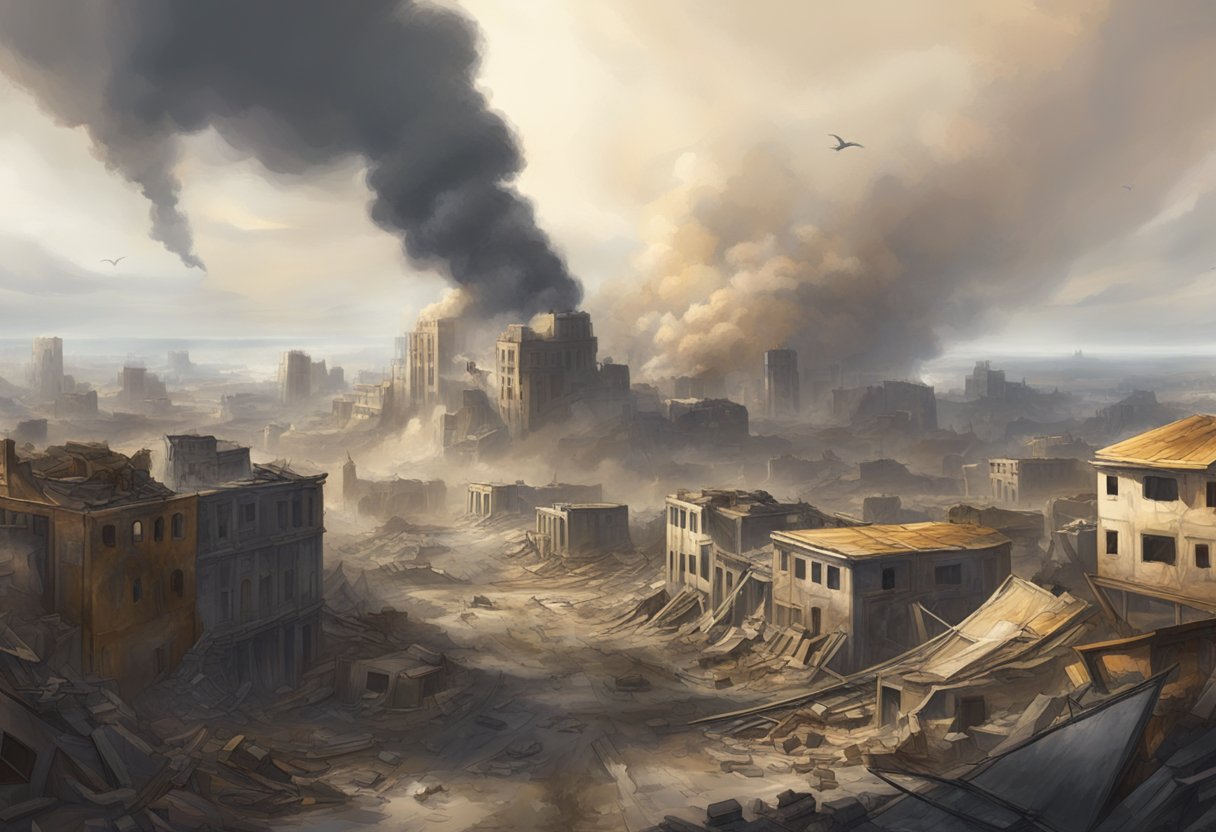 District 13 in ruins, buildings collapsed, smoke rising, remnants of a once thriving city, a desolate wasteland