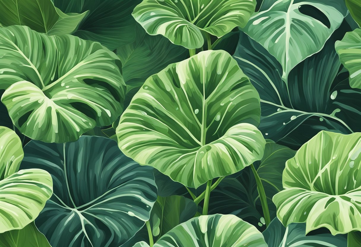 Lush alocasia plants reach for the sunlight, their large, glossy leaves collecting droplets of water, glistening in the soft, diffused light