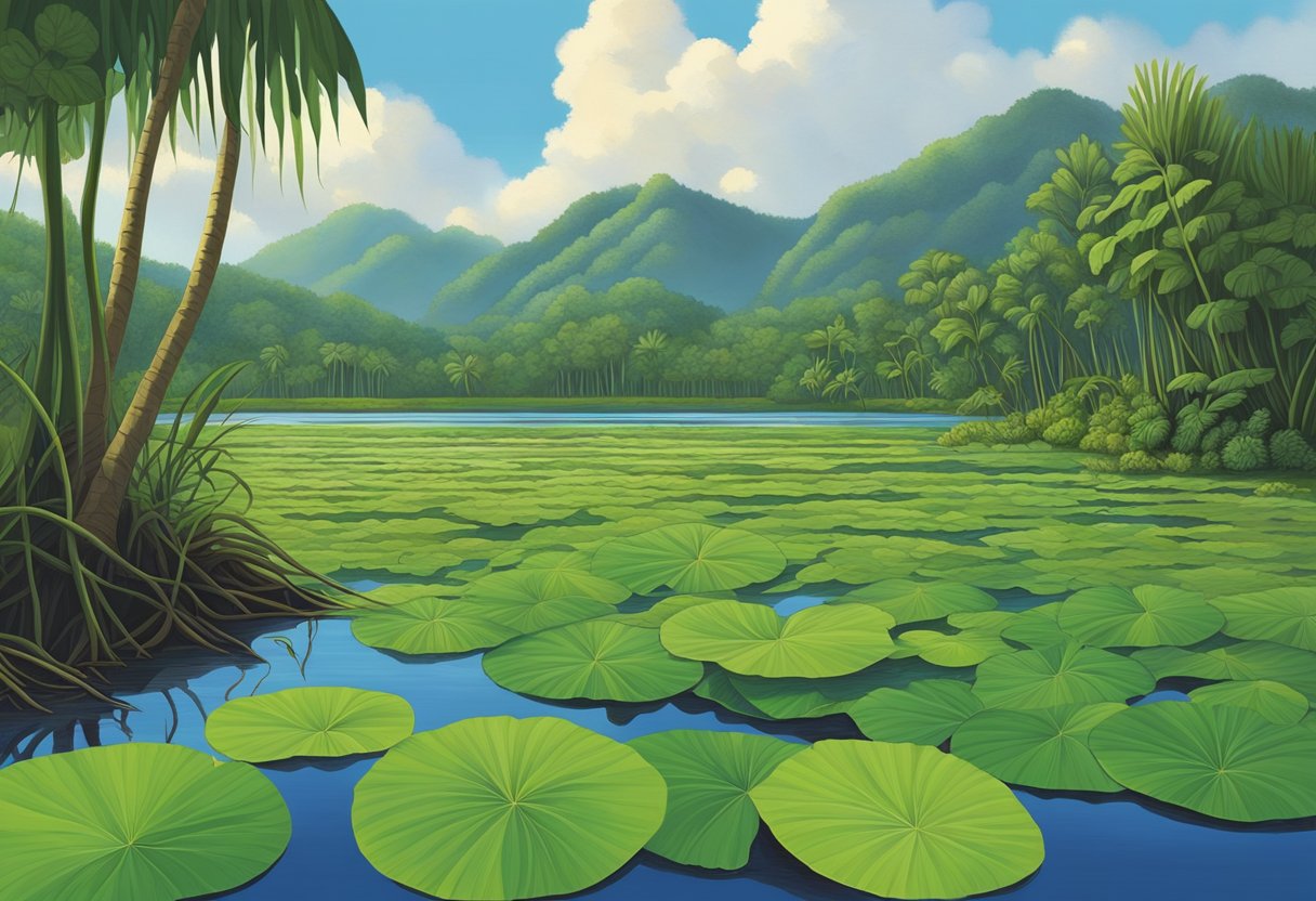 Giant taro plants loom over a marsh, their broad leaves collecting water. The lush green foliage creates a striking image against the backdrop of the wetland