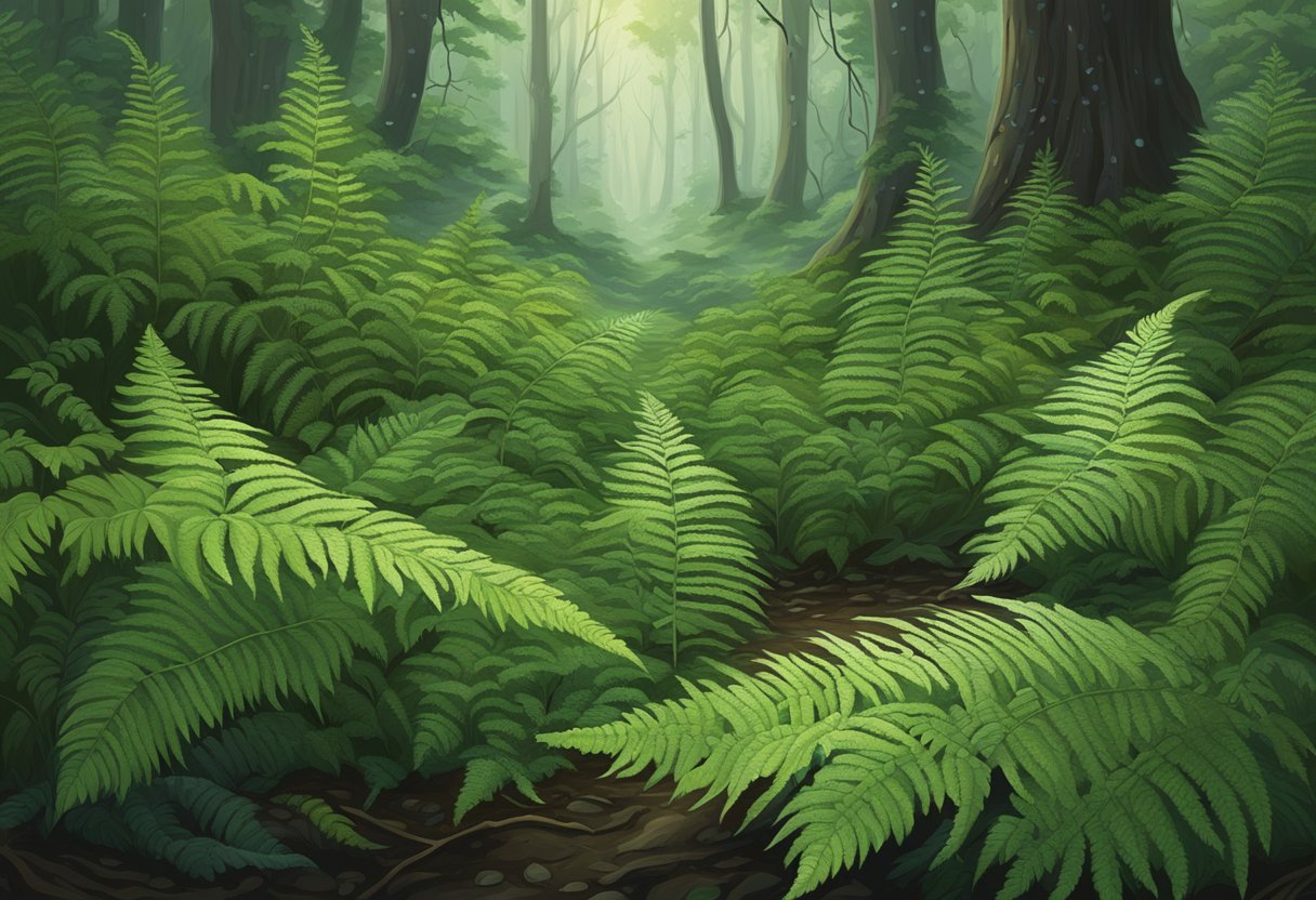 Lush green ferns spread across a damp forest floor, their fronds reaching out to soak up the glistening droplets of water