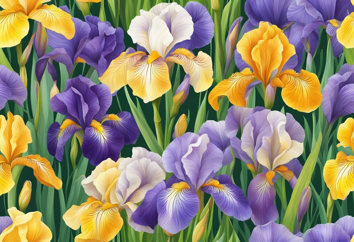 Vibrant iris plants with long, slender leaves and delicate, colorful blooms, surrounded by moist soil and droplets of water on their petals