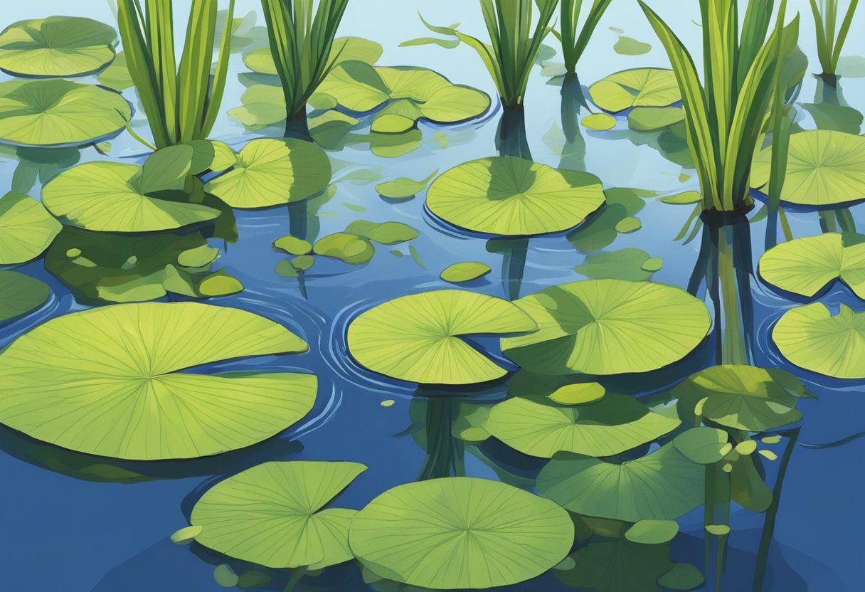 Pickerelweed plants stand tall in a shallow pond, their long stems and vibrant green leaves reaching towards the sunlight. The water around them is clear, and the plants appear to be soaking up the moisture, thriving in their aquatic environment