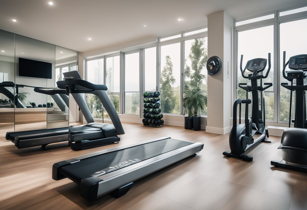 A home gym with a treadmill, dumbbells, yoga mat, and resistance bands. Brightly lit room with a large mirror and motivational posters on the wall