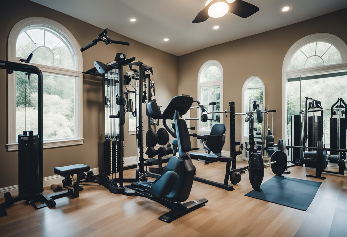 A home gym with strength training equipment